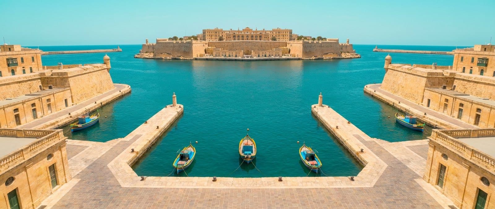The Grand Harbour of Malta from directly above — pastel turquoise water, honey limestone bastions, a few small fishing boats