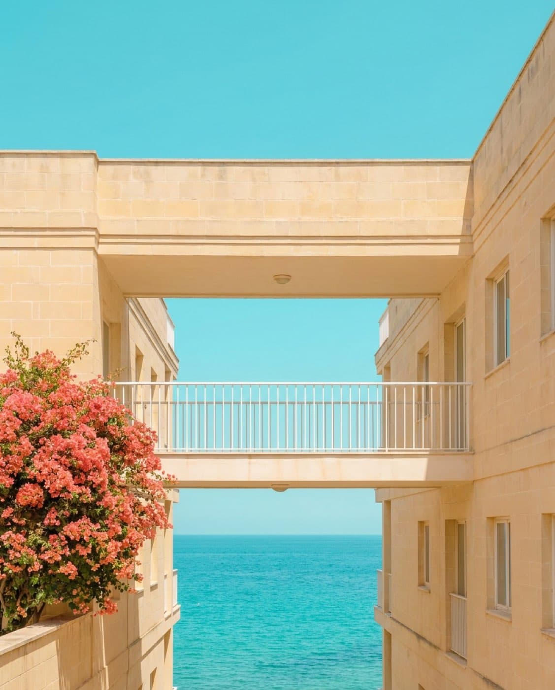 A seafront apartment building in Sliema — pale golden stone, a wide balcony facing turquoise open sea