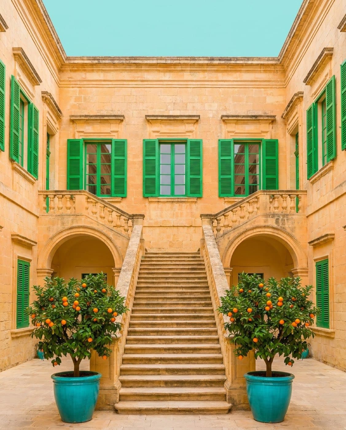 Palazzo Perla, Mdina — a quiet baroque courtyard with a centered stone staircase and citrus trees in terracotta pots, soft pastel light