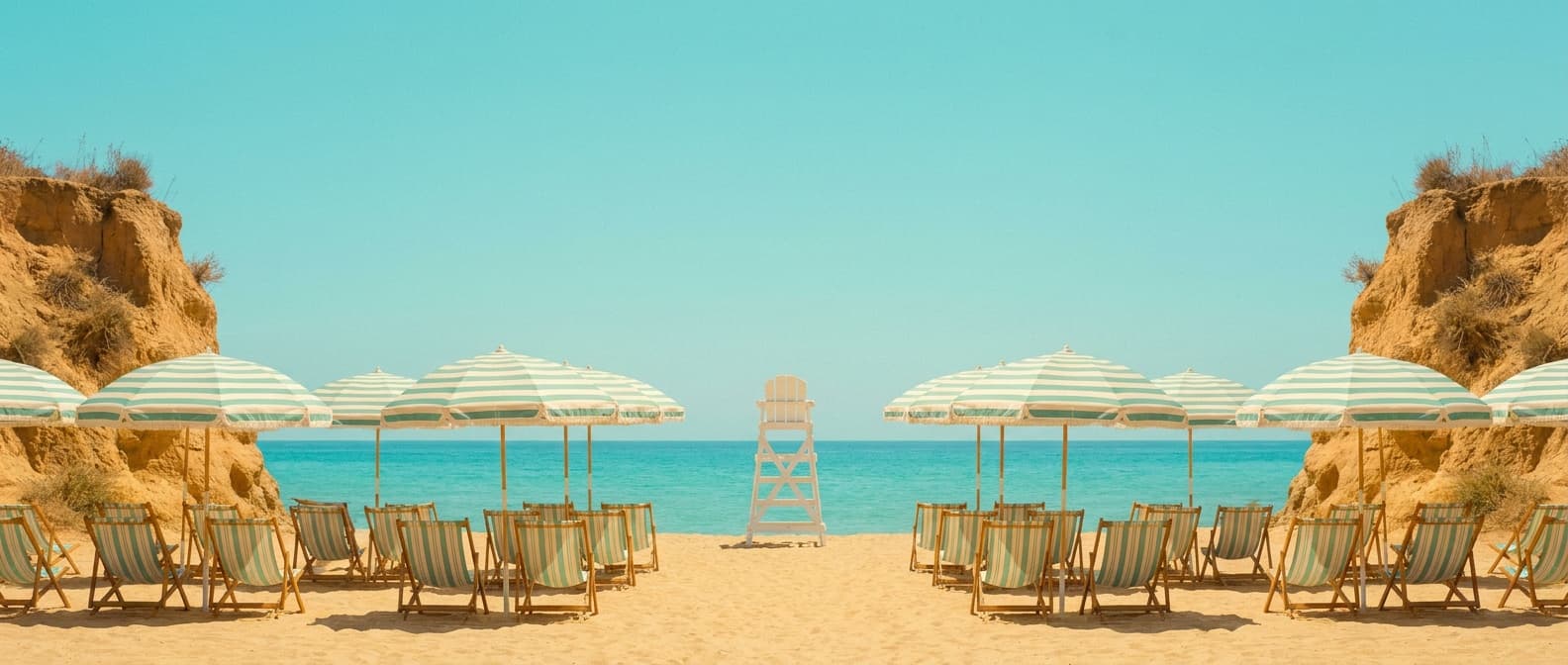Golden Bay, Malta — a straight row of cream and seafoam striped beach umbrellas on golden sand before a flat turquoise sea
