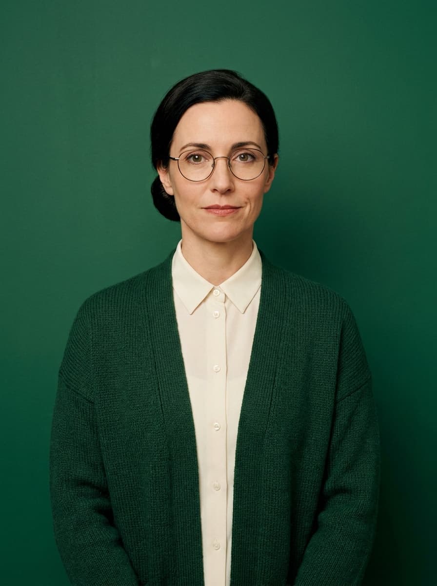 Portrait of Dorotea Xuereb — thin-rimmed glasses, green cardigan over a cream shirt, on a deep green backdrop